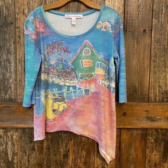 Leoma Lovegrove Sz S Blue Summer Key West House & Scooter Scoop Neck Tunic - Picture 2 of 7